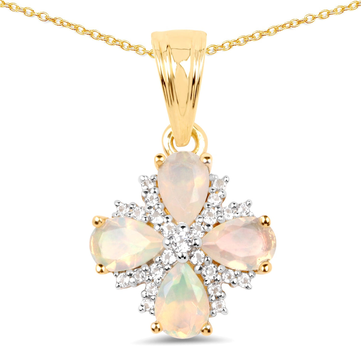 Pear-shape Ethiopian opal and white topaz pendant in 14k yellow gold plated sterling silver by Avera Group