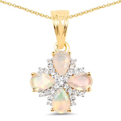 Pear-shape Ethiopian opal and white topaz pendant in 14k yellow gold plated sterling silver by Avera Group