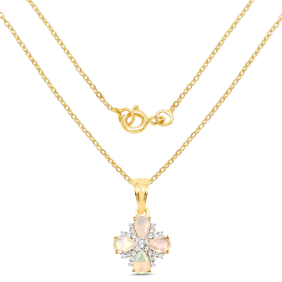 Pear-shape Ethiopian opal and white topaz pendant in 14k yellow gold plated sterling silver, Avera Group, view 2