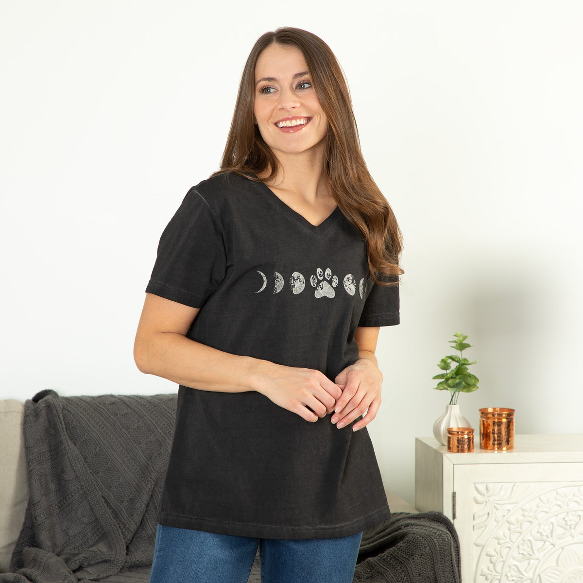 Paw Print Moon Acid Wash V-Neck TeeShort Sleeve Tees & PolosTorqelo.com