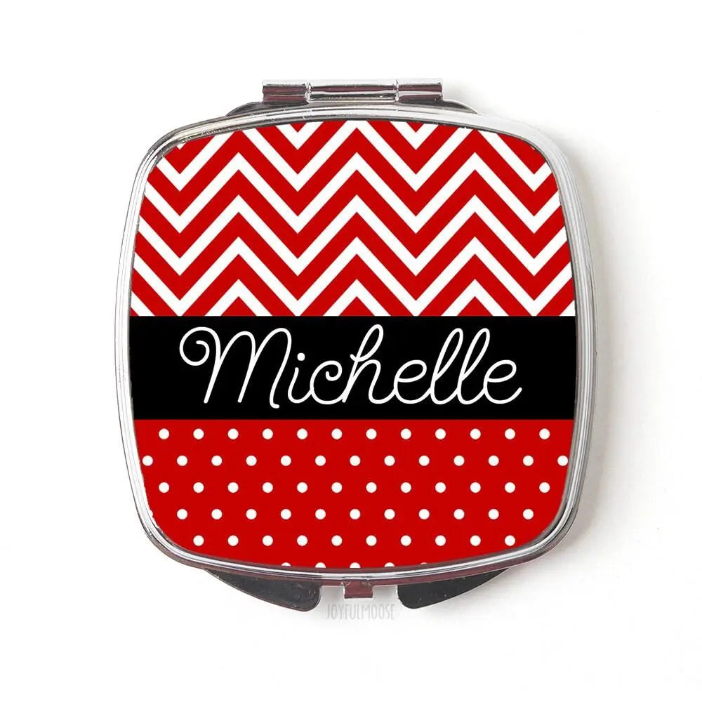 Personalized Bridesmaids Gifts, Personalized Compact Mirror, Red Black Chevron Polka Dot Personalized Purse Mirror, Custom Bridesmaid Gifts by Joyful Moose
