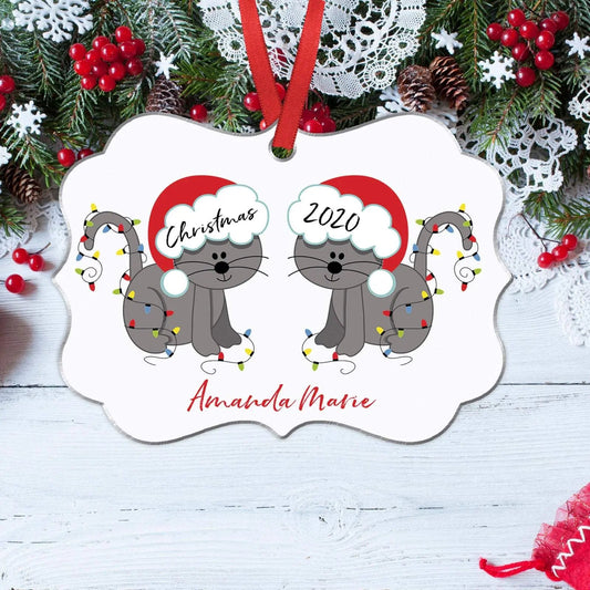 Personalized Cat Ornament, Christmas Ornament, cat lover gift, 2 gray cats, Christmas Gift for Cat Mom by Joyful Moose