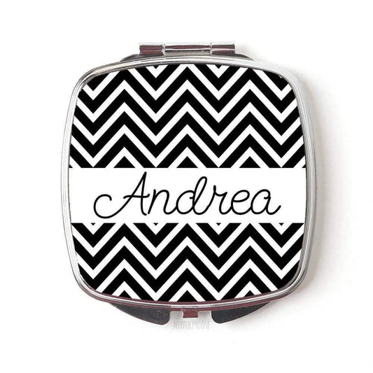 Personalized Compact Mirror - Personalized Bridesmaids Gifts - Black Chevron Wedding Compact Mirrors by Joyful Moose
