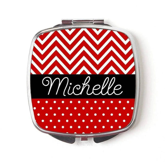 Red Chevron Personalized Compact Mirror Bridesmaids Gifts by Joyful Moose