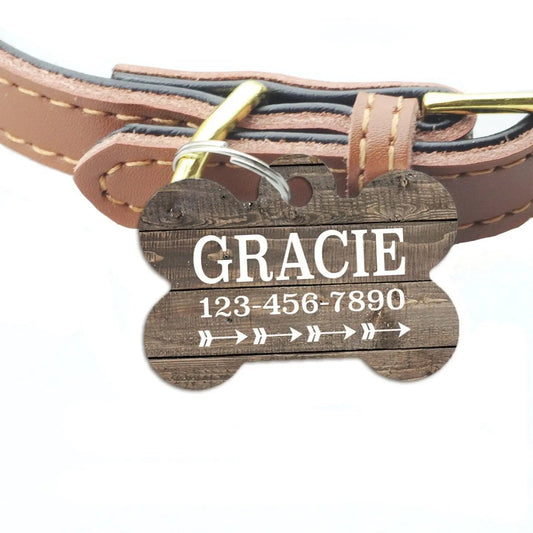 Personalized Dog Name Tag - Weathered Wood Pattern Metal Dog Collar Tag by Joyful Moose
