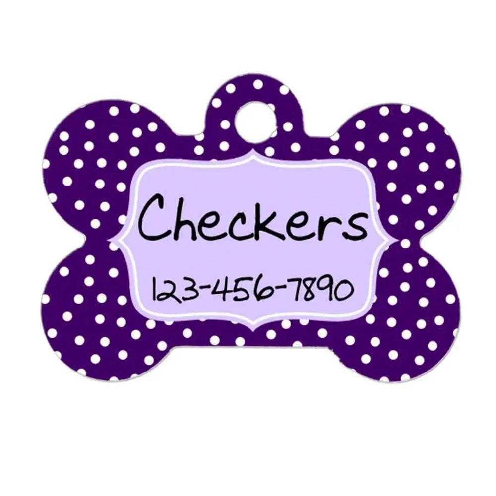 Personalized Dog Tag - Dog ID Tag - Purple Dots Personalized Bone Dog Tag - Custom Pet ID Tag by Joyful Moose