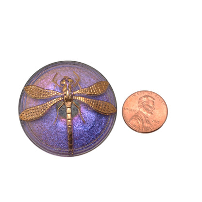 Czech Glass Dragonfly Button 40mm - Purple Iridescent with Gold Dragonfly Design by Continental Bead Suppliers