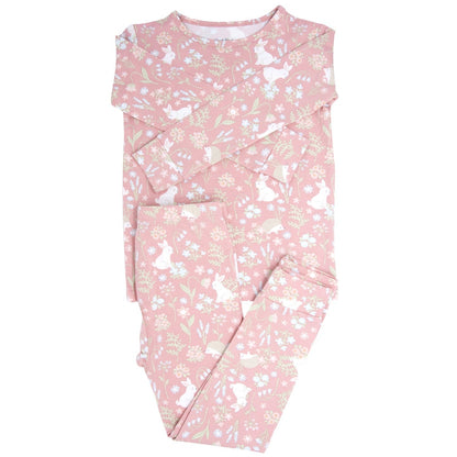 Pink Bunny Floral Big Kid Pajama Set by Sweet Bamboo
