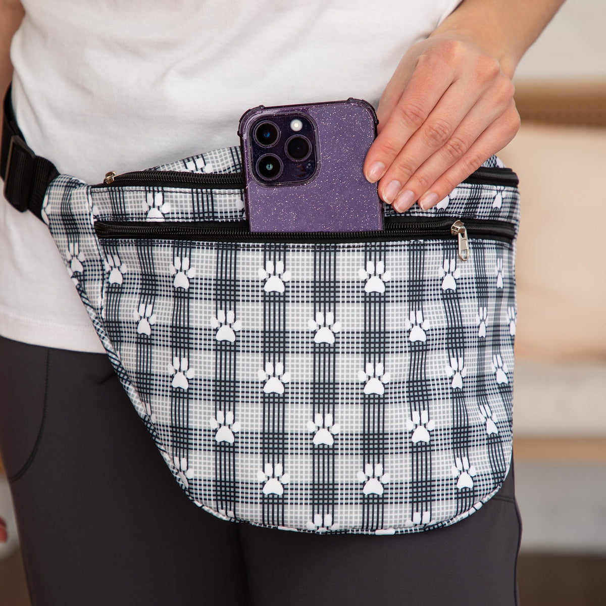 Plaid Paw Print Large Fanny Pack with 3 Zippered PocketsPursesTorqelo.com
