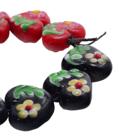 Lampwork Glass Heart Beads 14x16mm Floral Design - Mixed Colors 11 Piece Strand by Continental Bead Suppliers
