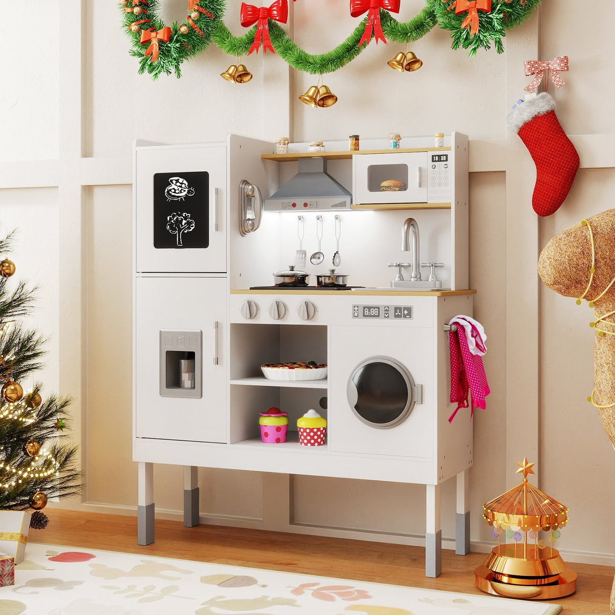 Pretend Play Kitchen Toy Kitchen Playset with Range Hood Ice Maker and TelephoneTorqelo.com