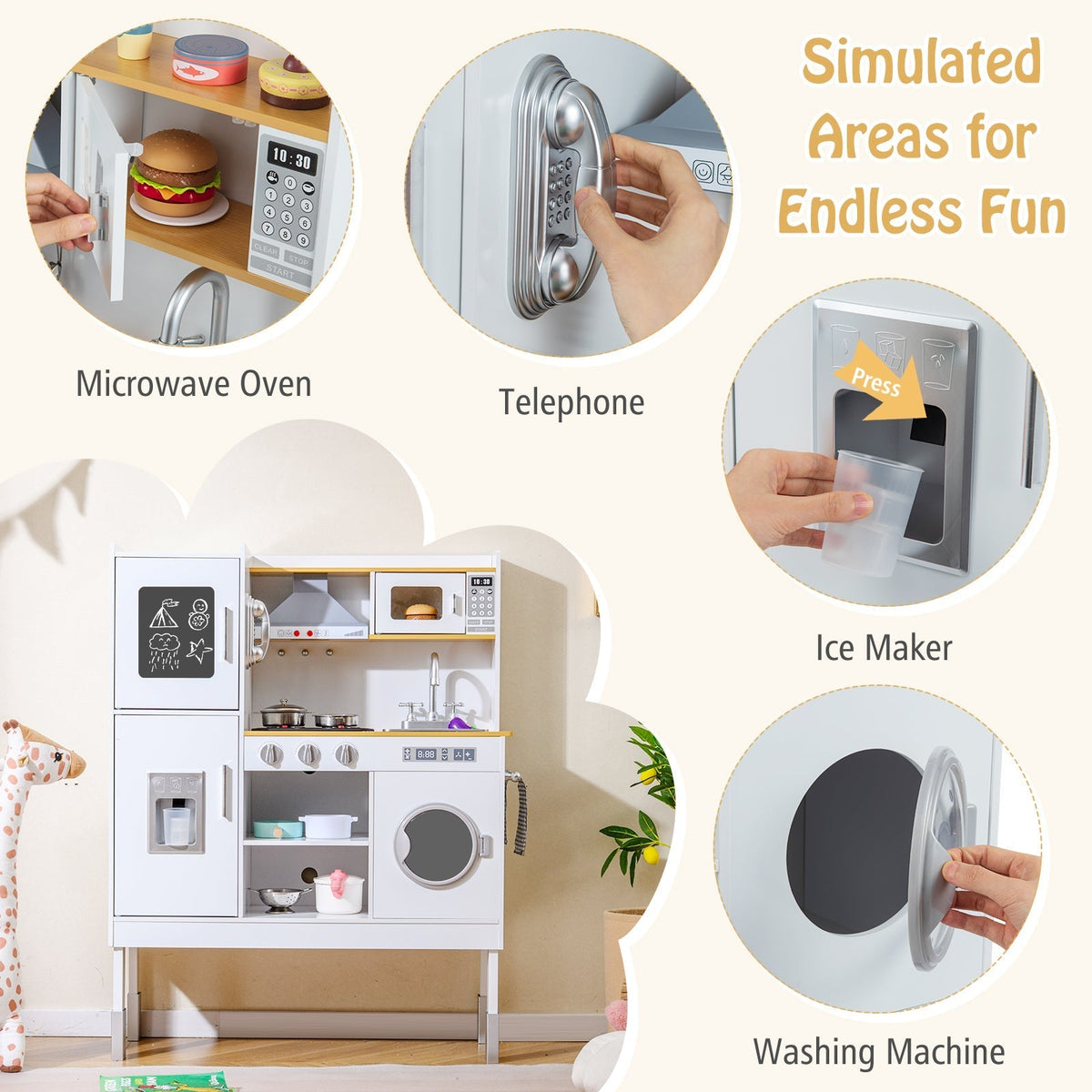 Pretend Play Kitchen Toy Kitchen Playset with Range Hood Ice Maker and TelephoneTorqelo.com