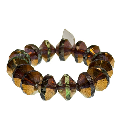 Czech Fire Polished Glass Beads: Olive Green Gold Finish 13mm Saucer - 15 Pieces by Continental Bead Suppliers