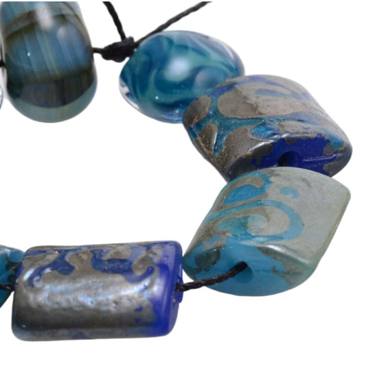Ocean Wave Lampwork Glass Bead Strand - Blue Teal Silver Mixed Shapes 8 Beads by Continental Bead Suppliers