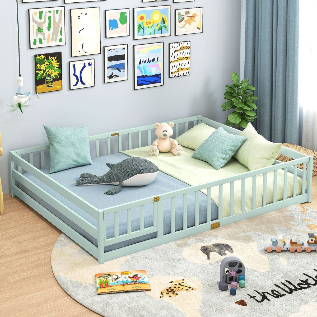 Queen Size Floor Bed Kids Montessori Bed Frame with Full Length Safety GuardrailsTorqelo.com