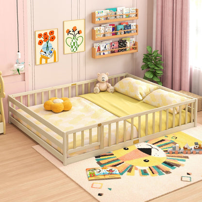 Queen Size Floor Bed Kids Montessori Bed Frame with Full Length Safety GuardrailsTorqelo.com