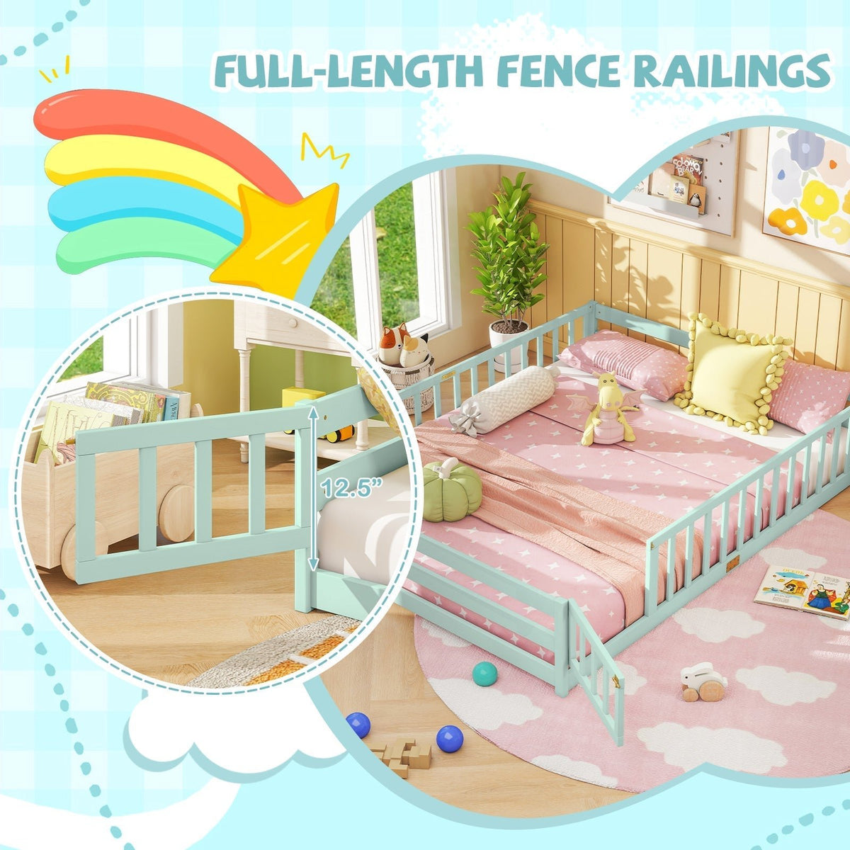 Queen Size Floor Bed Kids Montessori Bed Frame with Full Length Safety GuardrailsTorqelo.com
