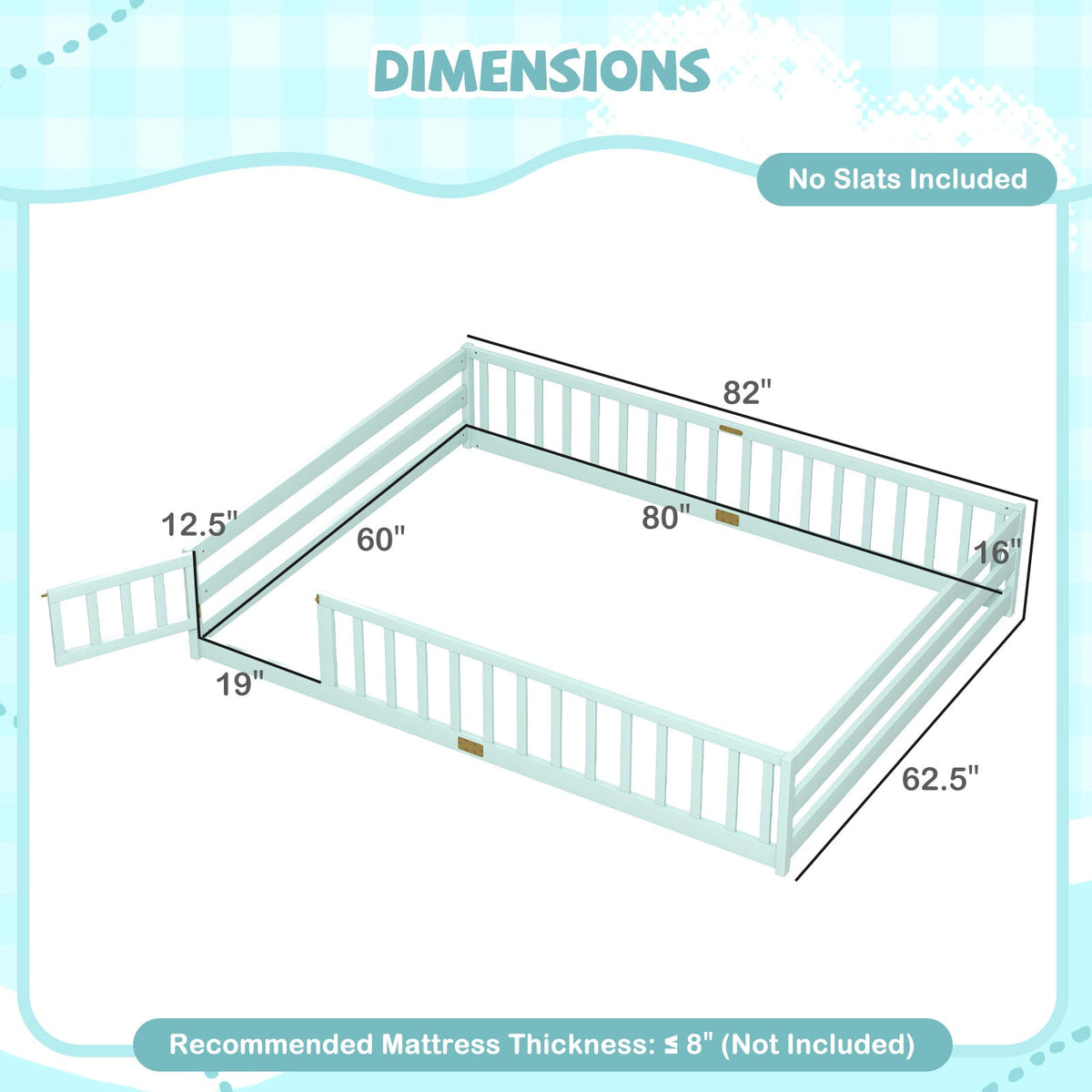 Queen Size Floor Bed Kids Montessori Bed Frame with Full Length Safety GuardrailsTorqelo.com