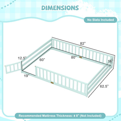 Queen Size Floor Bed Kids Montessori Bed Frame with Full Length Safety GuardrailsTorqelo.com