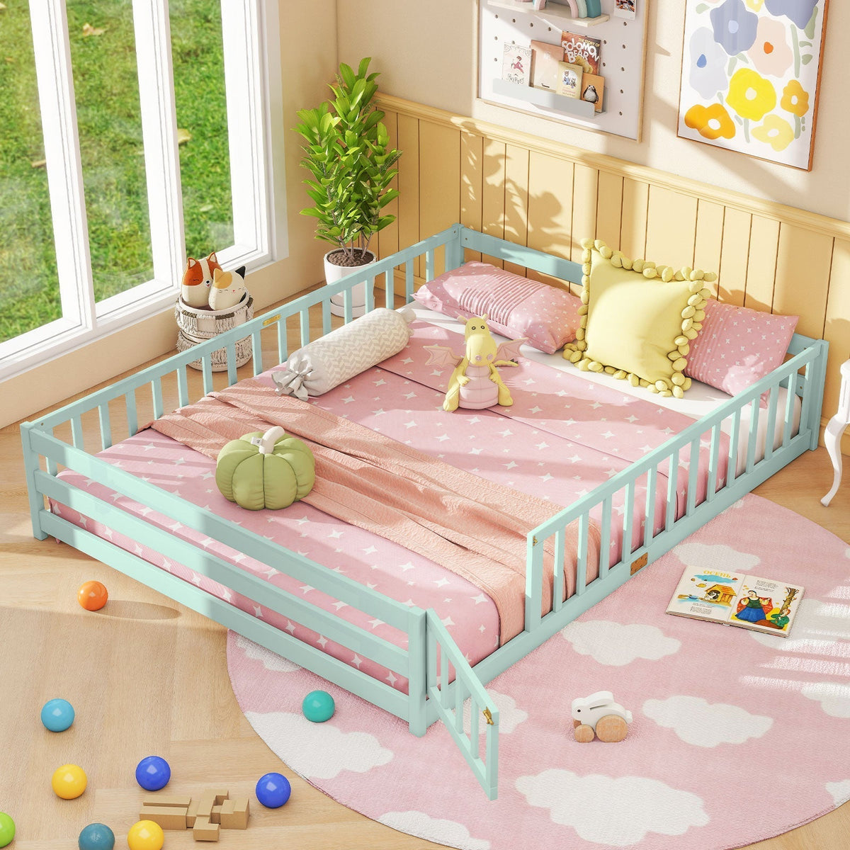 Queen Size Floor Bed Kids Montessori Bed Frame with Full Length Safety GuardrailsTorqelo.com
