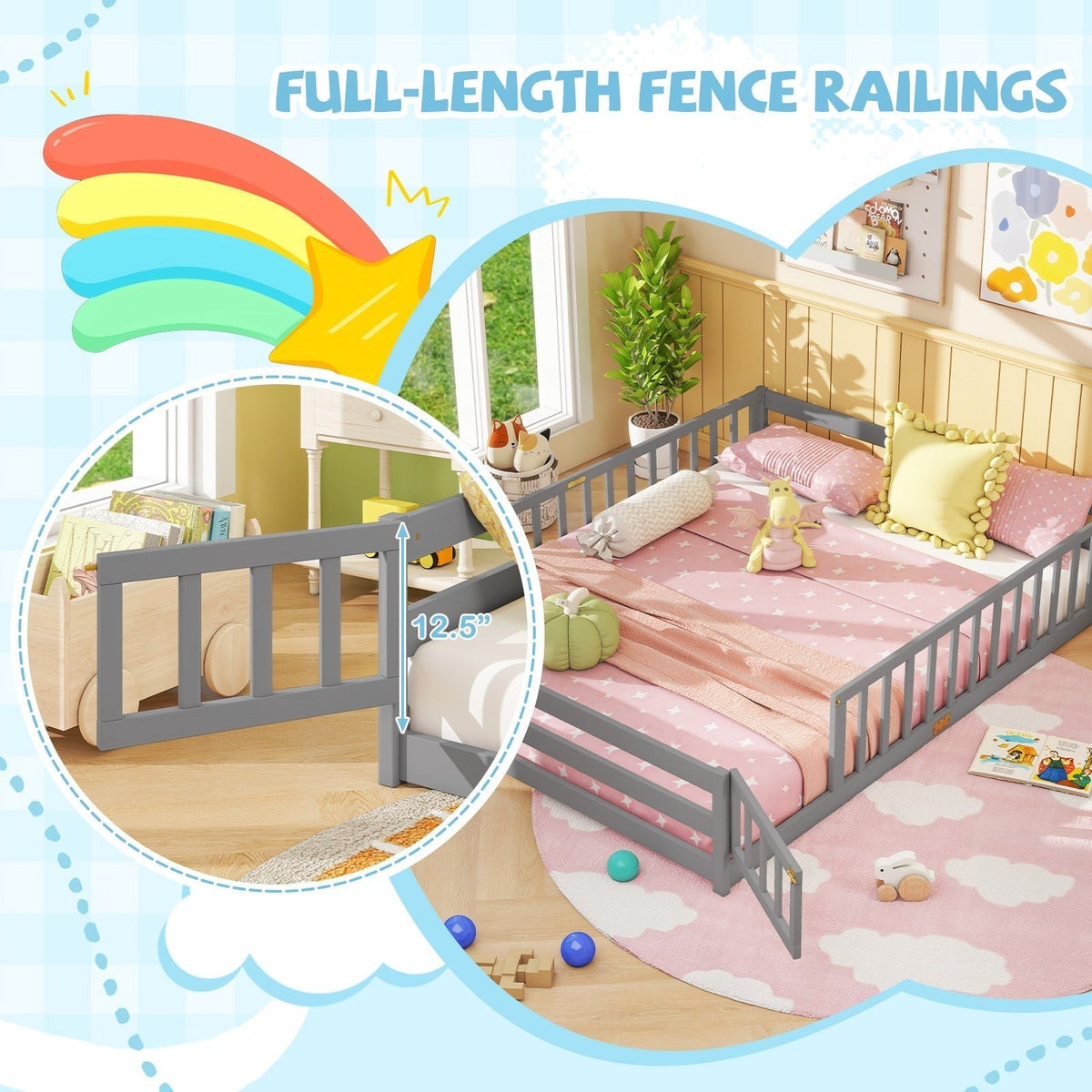 Queen Size Floor Bed Kids Montessori Bed Frame with Full Length Safety GuardrailsTorqelo.com