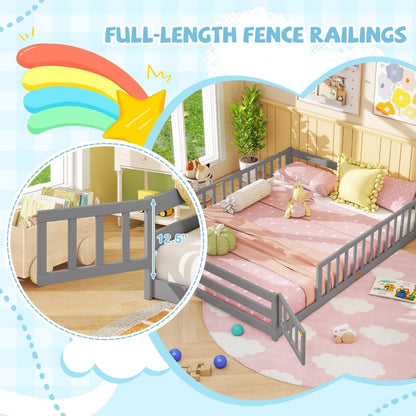 Queen Size Floor Bed Kids Montessori Bed Frame with Full Length Safety GuardrailsTorqelo.com