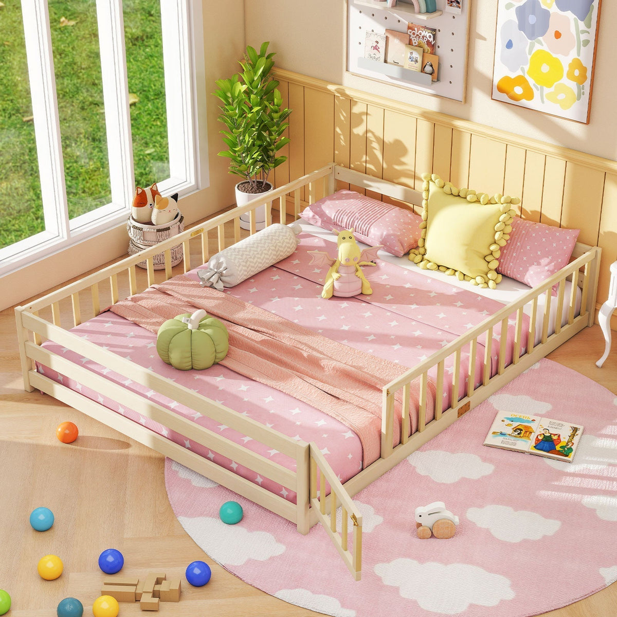 Queen Size Floor Bed Kids Montessori Bed Frame with Full Length Safety GuardrailsTorqelo.com