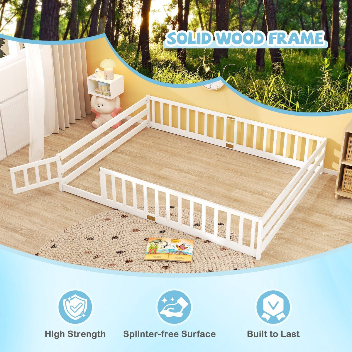 Queen Size Floor Bed Kids Montessori Bed Frame with Full Length Safety GuardrailsTorqelo.com