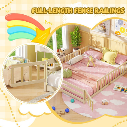 Queen Size Floor Bed Kids Montessori Bed Frame with Full Length Safety GuardrailsTorqelo.com