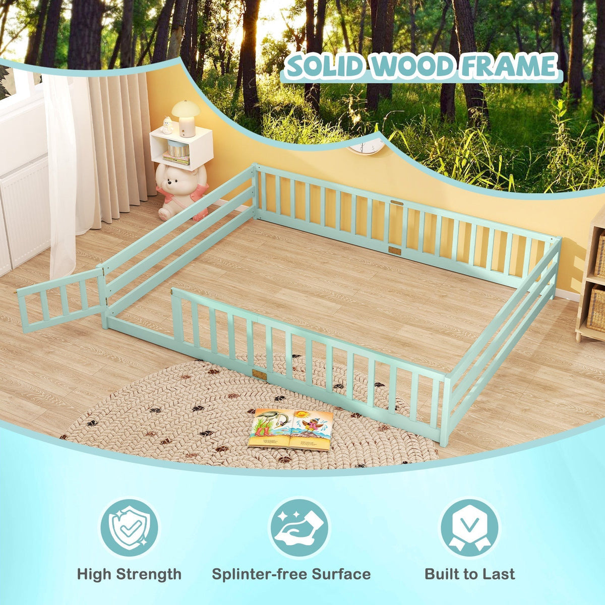 Queen Size Floor Bed Kids Montessori Bed Frame with Full Length Safety GuardrailsTorqelo.com