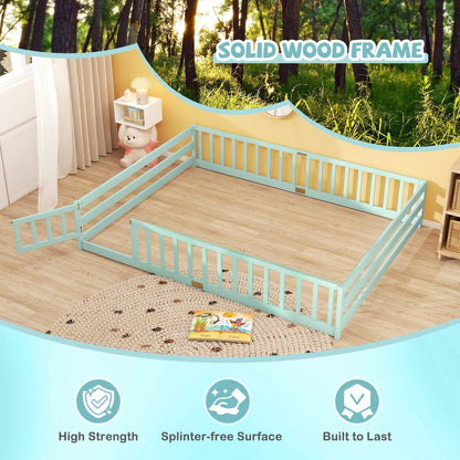 Queen Size Floor Bed Kids Montessori Bed Frame with Full Length Safety GuardrailsTorqelo.com