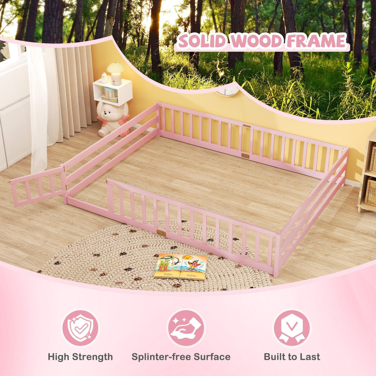 Queen Size Floor Bed Kids Montessori Bed Frame with Full Length Safety GuardrailsTorqelo.com