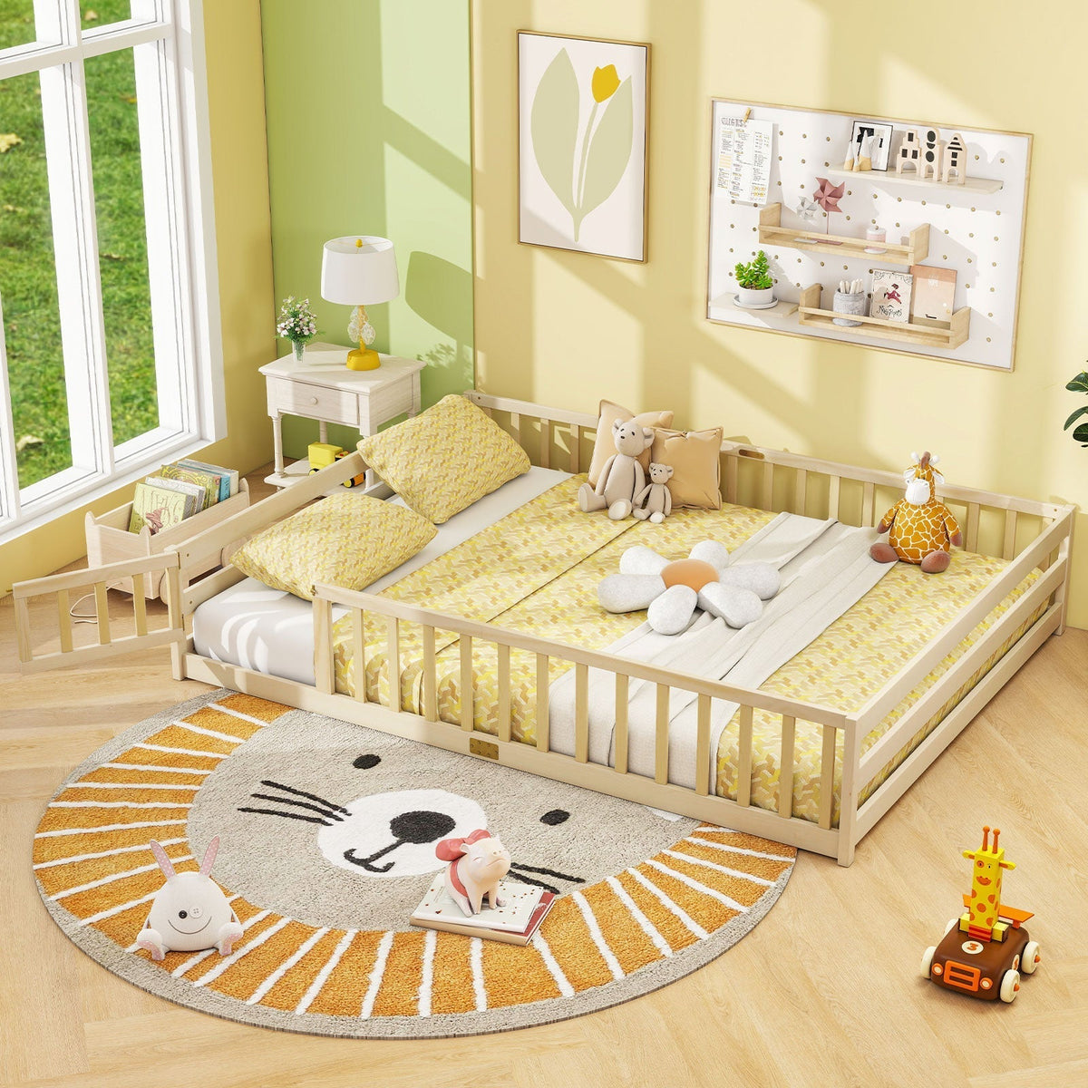Queen Size Floor Bed Kids Montessori Bed Frame with Full Length Safety GuardrailsTorqelo.com
