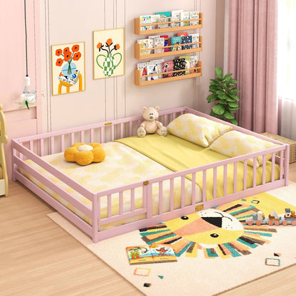 Queen Size Floor Bed Kids Montessori Bed Frame with Full Length Safety GuardrailsTorqelo.com