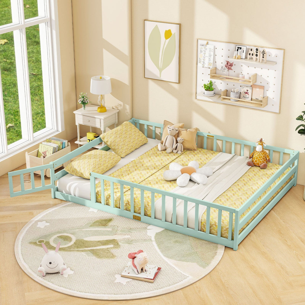 Queen Size Floor Bed Kids Montessori Bed Frame with Full Length Safety GuardrailsTorqelo.com
