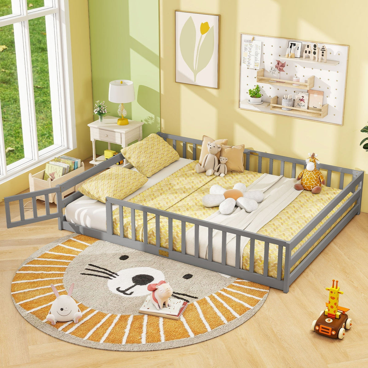 Queen Size Floor Bed Kids Montessori Bed Frame with Full Length Safety GuardrailsTorqelo.com