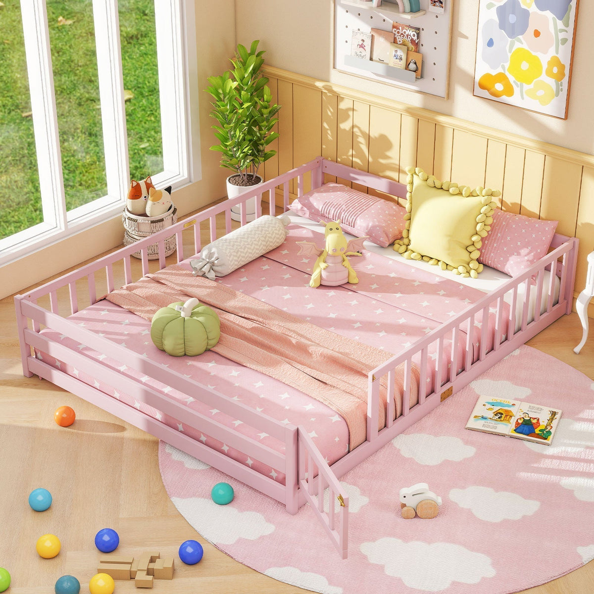 Queen Size Floor Bed Kids Montessori Bed Frame with Full Length Safety GuardrailsTorqelo.com