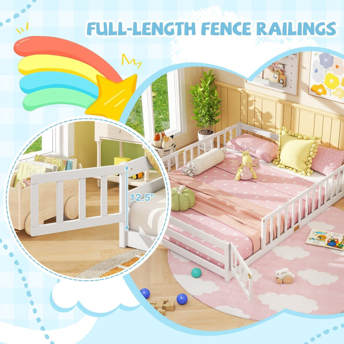 Queen Size Floor Bed Kids Montessori Bed Frame with Full Length Safety GuardrailsTorqelo.com