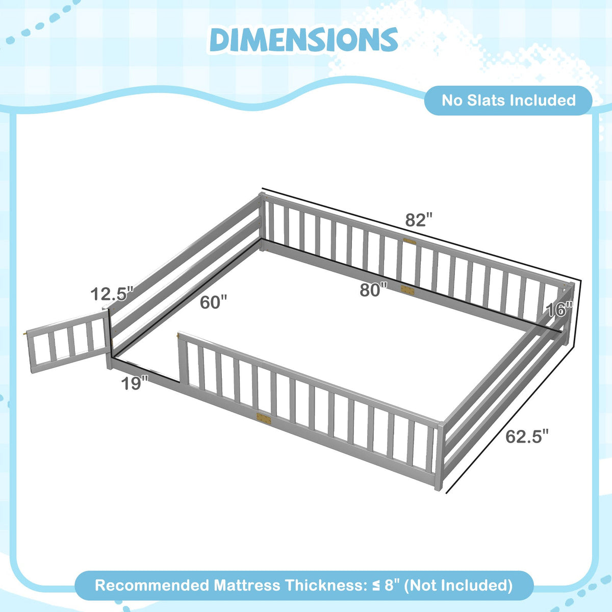 Queen Size Floor Bed Kids Montessori Bed Frame with Full Length Safety GuardrailsTorqelo.com