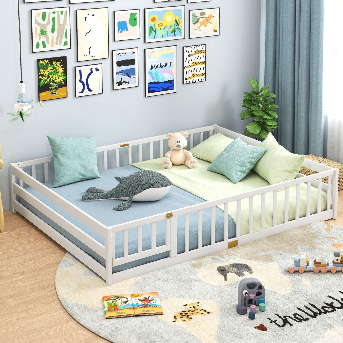 Queen Size Floor Bed Kids Montessori Bed Frame with Full Length Safety GuardrailsTorqelo.com