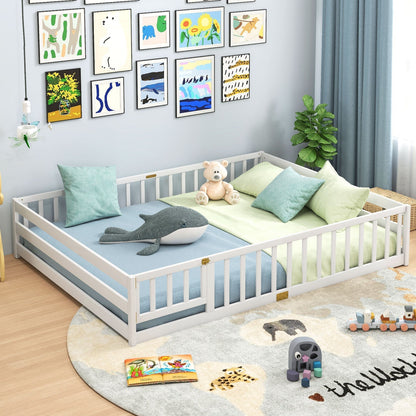 Queen Size Floor Bed Kids Montessori Bed Frame with Full Length Safety GuardrailsTorqelo.com