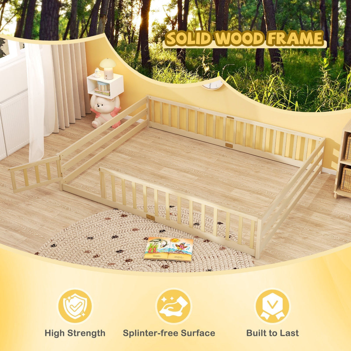 Queen Size Floor Bed Kids Montessori Bed Frame with Full Length Safety GuardrailsTorqelo.com
