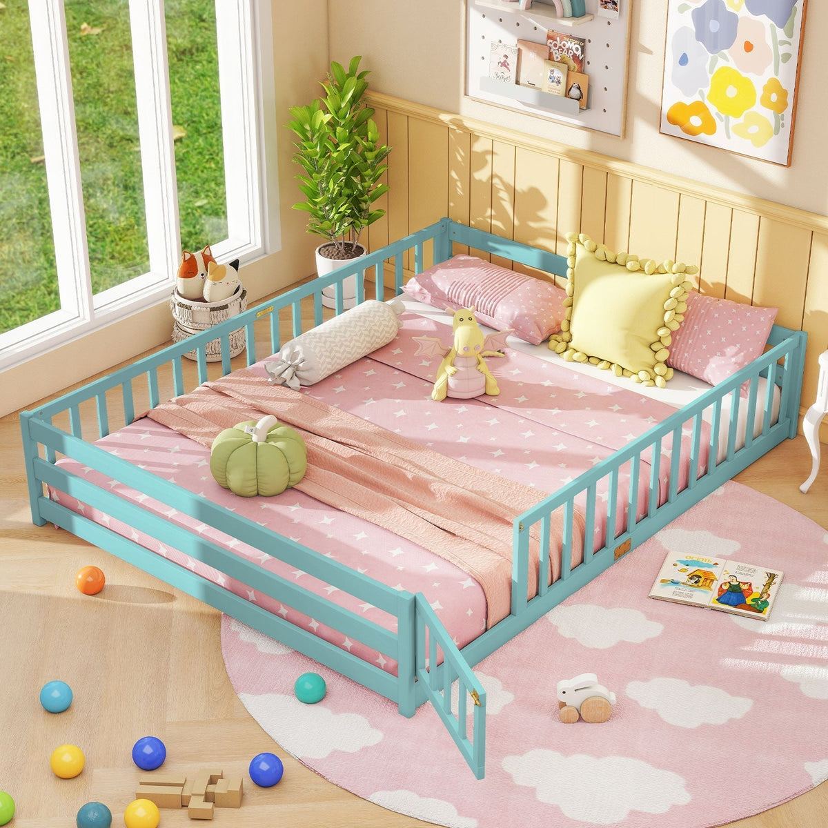 Queen Size Floor Bed Kids Montessori Bed Frame with Full Length Safety GuardrailsTorqelo.com