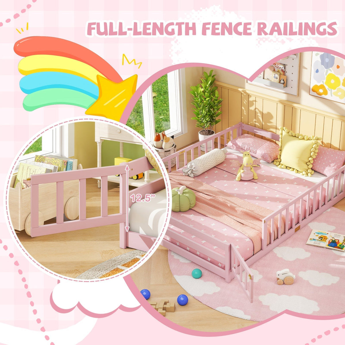 Queen Size Floor Bed Kids Montessori Bed Frame with Full Length Safety GuardrailsTorqelo.com