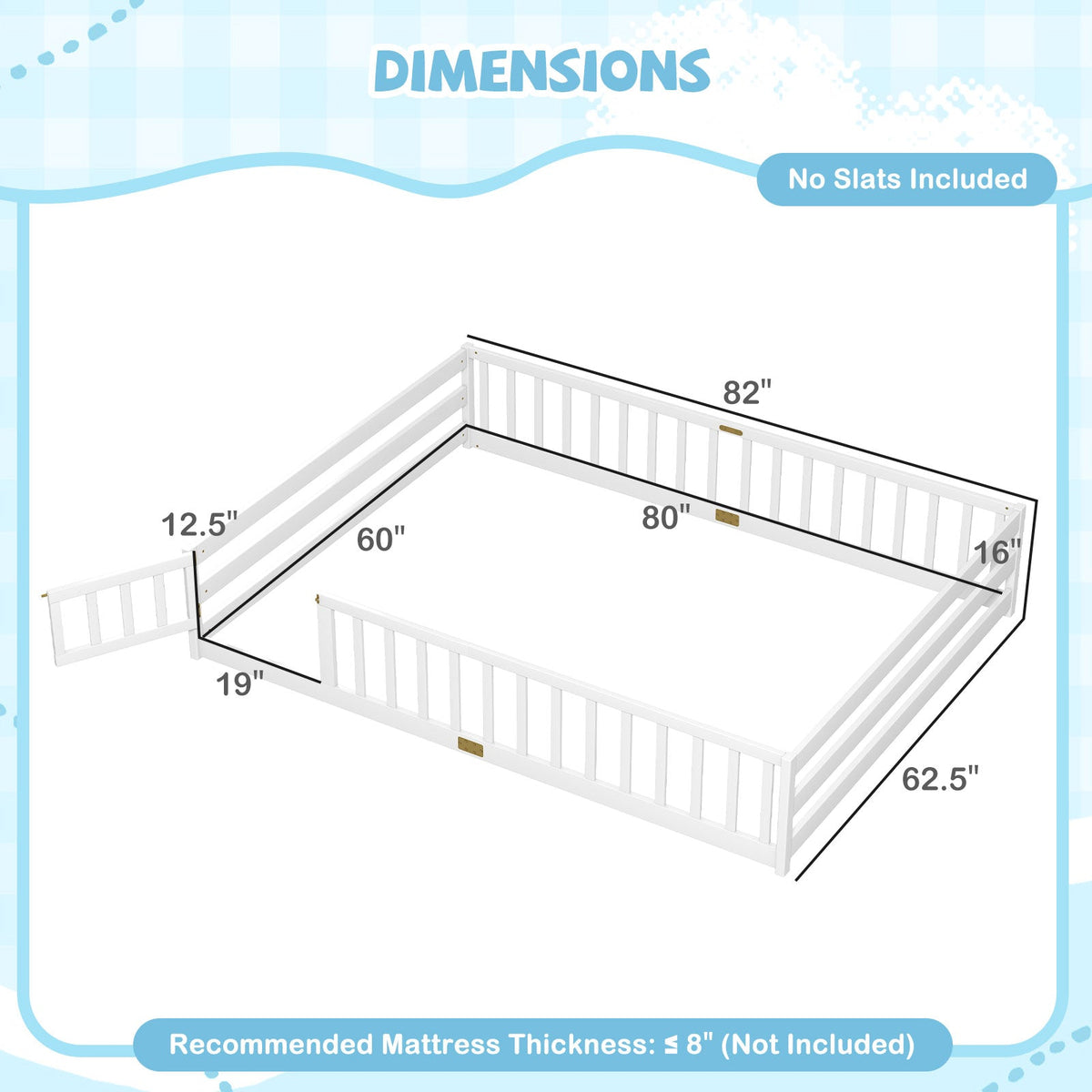 Queen Size Floor Bed Kids Montessori Bed Frame with Full Length Safety GuardrailsTorqelo.com
