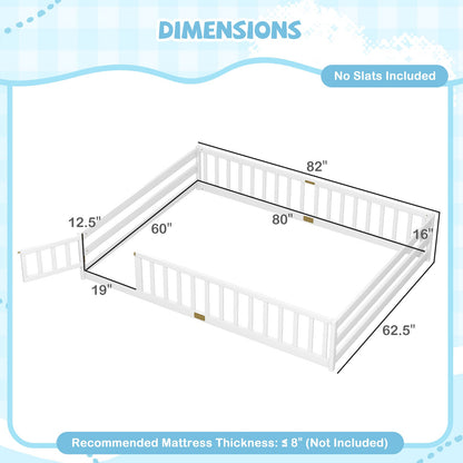 Queen Size Floor Bed Kids Montessori Bed Frame with Full Length Safety GuardrailsTorqelo.com