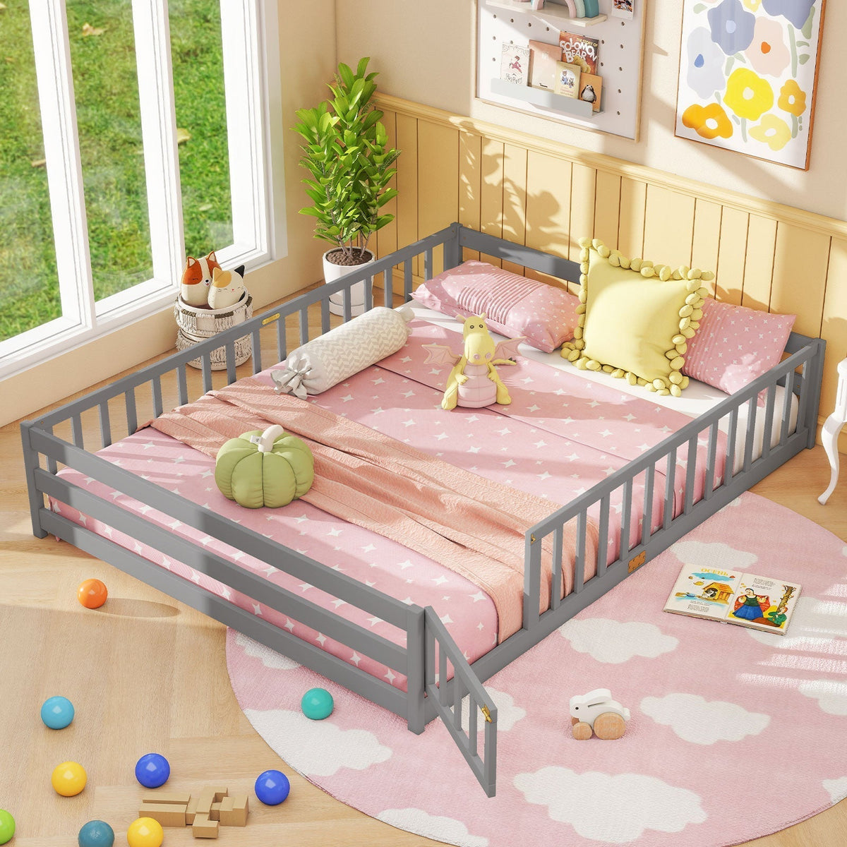 Queen Size Floor Bed Kids Montessori Bed Frame with Full Length Safety GuardrailsTorqelo.com
