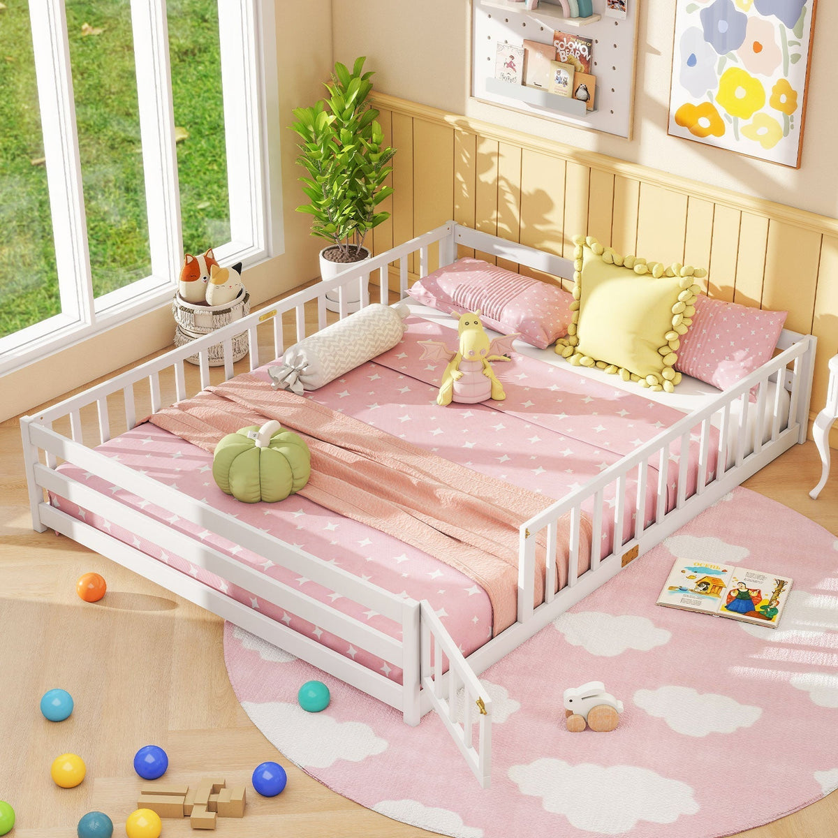 Queen Size Floor Bed Kids Montessori Bed Frame with Full Length Safety GuardrailsTorqelo.com