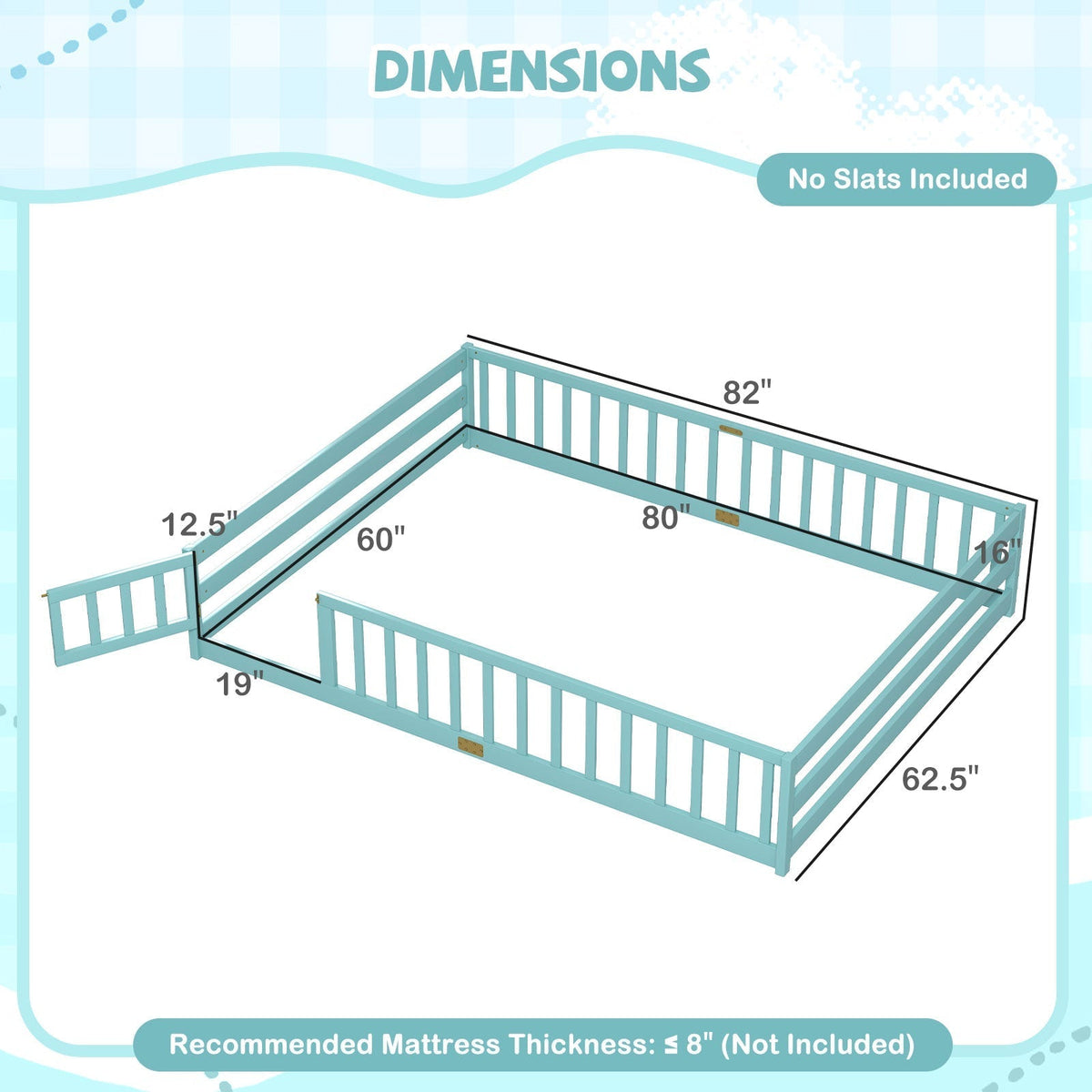 Queen Size Floor Bed Kids Montessori Bed Frame with Full Length Safety GuardrailsTorqelo.com