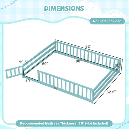 Queen Size Floor Bed Kids Montessori Bed Frame with Full Length Safety GuardrailsTorqelo.com